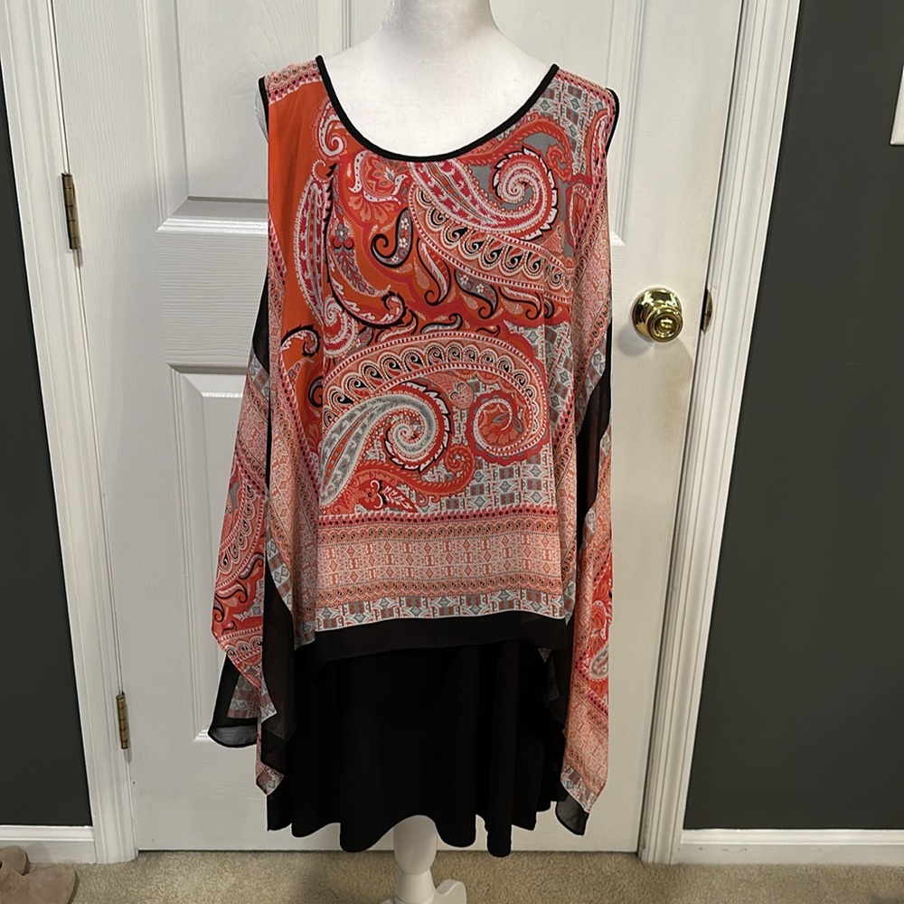 SLNY Paisley Sleeveless Sheer Overlayer Trapeze Dress